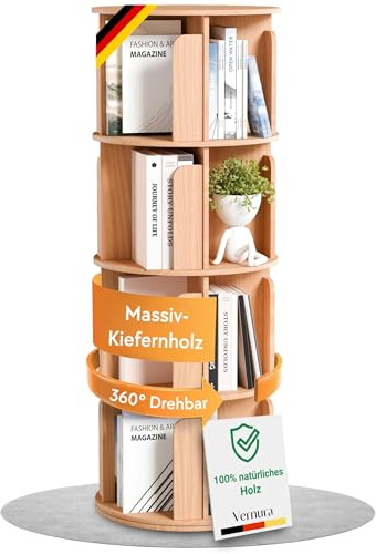 Vernura Drehbares Bücherregal aus Holz - 100% Massivholz - Premium Qualität - Platzsparend - Drehregal Bücher Bookcase Rotating Bookshelf Rundes Bücherregal Kinder Drehbar Bücherbaum (4 Böden)