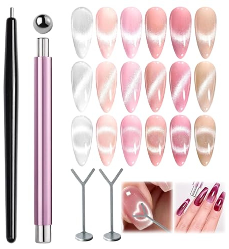 Thhiit 4pcs Cat Eye Magnet Kit, Pink Strong Magnet with Round Magnetic Bead, Black Nail Magnet Pen, 2 Heart Magnets, for Nail Art, Nail Polish, Home DIY