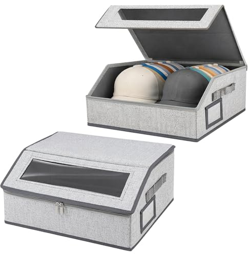 LIRONGTAGE 2 Pack Baseball Cap Storage, Stackable Cap Hat Storage, Holds up to 48 Caps, Large Capacity Flip-Top Access Hat Box Holder with Clear Window & Handles for Closet, Bedroom, Entryway