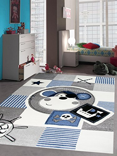 CARPETIA Teppich Kinderzimmer Babyzimmer Jungen AFFE Pirat blau crème grau schwarz Größe 160 cm Rund