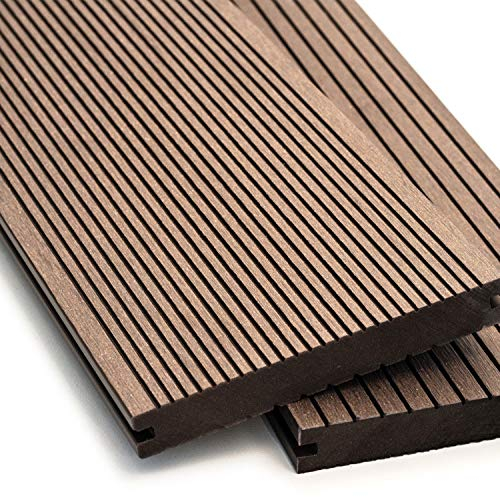 WPC Terrassendielen Massiv Dielen - Komplett-Set Dunkelbraun | 18 m² (3m x 6m) Holz-Brett Dielen | Boden-Fliesen + Unterkonstruktion & Clips | Balkon Boden-Belag + rutschfest + witterungsbeständig