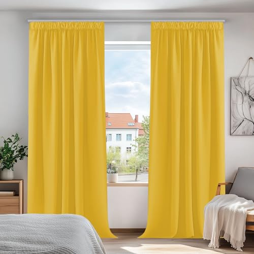 Deconovo Verdunkelungsvorhänge mit Kräuselband Thermovorhänge Gardine, 210x140cm(HöhexBreite), Senfgelb, 2er Set