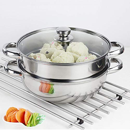 Stainless Steel 2 Tier Steamer Pot - 28cm With Glass Lid for Food and Vegetable Cooking, Dim Sum Cookware, Kitchen Tool