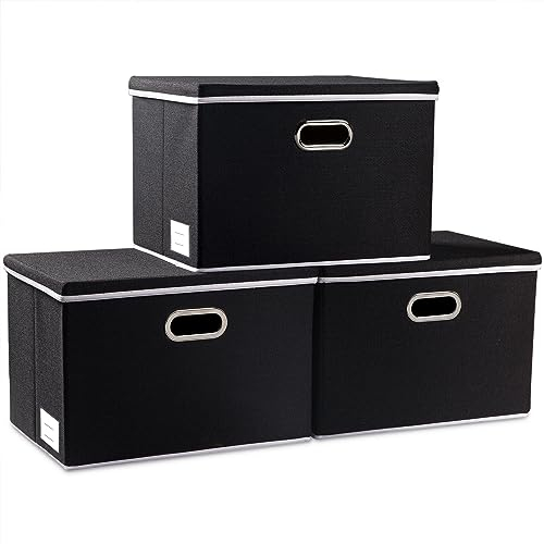 Prandom Storage Boxes with Lids Large,Collapsible Linen Fabric Storage Box,Decorative Bins,Really Useful Box,Clothing Storage,Stackable,45x30x30cm,Black[3-Pack]