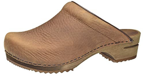 Sanita Chrissy offener Clog | Original handgemacht | Leder-Holzclogs für Damen | Braun | EU 39