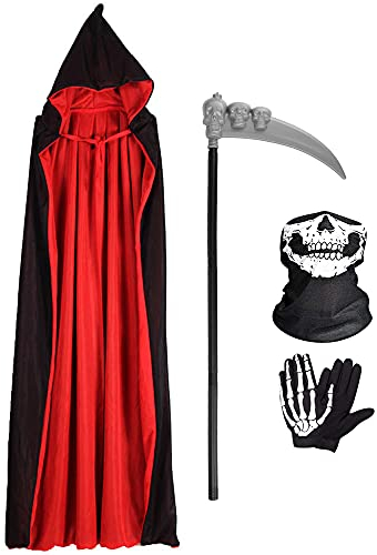 Wishstar Halloween Kostüm Vampir, Umhang mit Kapuze, Schwarz Rot Halloween Costume, Halloween Kostüme Cape mit Sense Skeletthandschuhe Maske für Unisex Halloween Party Rollenspiel