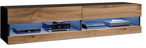 Mirjan24 TV Lowboard Vigo New 180 cm, TV Tische, TV Schrank, Fernsehschrank, Hängeschrank, TV Board (Schwarz/Eiche Wotan, mit Blauer LED Beleuchtung)