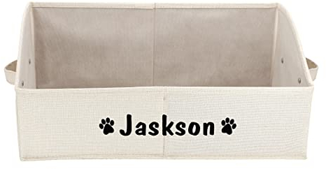 PET ARTIST Personalized Collapsible Dog Storage Basket,Dog Toy Box Bin Large for Chew Toys,Clothes,Beige