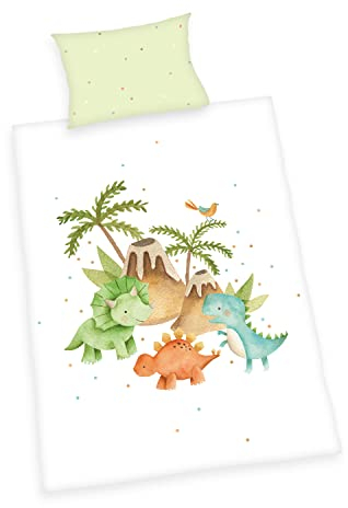 Herding Dinos Flanell-Bettwäsche Made in Green, Kopfkissenbezug ca. 40x60 cm mit Hoteleinschlag, Bettbezug ca. 100x135 cm mit Knopfverschluss, 100% Baumwolle, Flanell