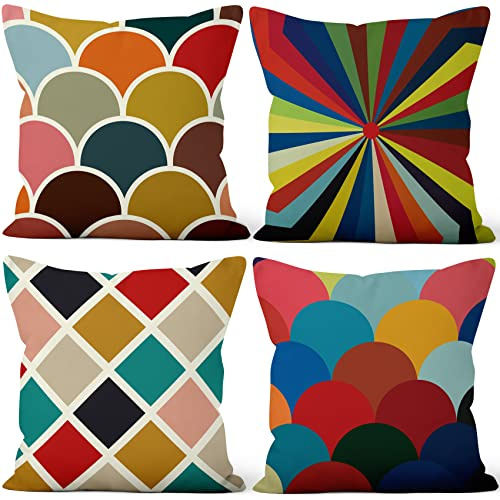 Aoihrraan Kissenbezüge 4er Set, Bunte Muster Geometrie Wurfs Kissen Abdeckungen Regenbogen Gefärbt Weicher Kurzer Plüsch Quadrat Kissenbezug für Sofa Couch Schlafzimmer Auto Stuhl Wohnkultur 50x50cm