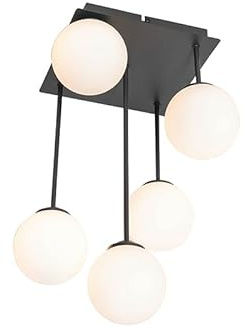 Qazqa Modern Deckenleuchte, Deckenlampe - Athens-opal - Weiß, Quadratisch, 5-flammig, 25.5cm, Ideal als Flur, Schlafzimmerlampe und Wohnzimmerlampe