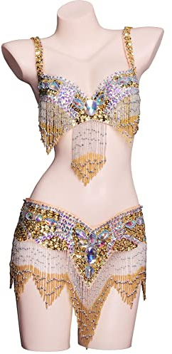 JRUIA Fransen Bauchtanz Kostüme Für Frauen Erwachsenen Rave Festival Halloween Kleidung Stammes Bauchkleider Festival Performance Outfits Set Aus BH Und Gürtel Für Den Bauchtanz,Gold,S