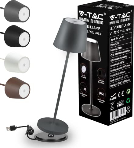 V-TAC Dimmbare LED Tischlampe Kabellos mit Touch-Bedienung - Wiederaufladbar Grau Lampe für den Innen und Draußen - Außenbereich IP54 - Hause Restaurant - 4400-mAh-Akku - Warmweiß 3000K