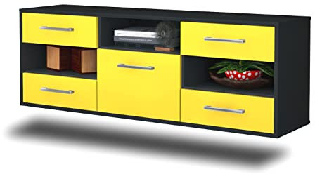 Lqliving TV-Board Lowboard St. Louis, Wandmontiert, Korpus in anthrazit matt, Front im trendigem Gelb (136x47x35cm), mit Metall Griffen, Made in Germany