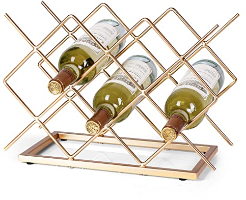 Drincarier Weinregal für Arbeitsplatte, 10 Flaschen, freistehend, modern, goldfarben, Metall, kleines Weinregal, Tisch-Weinhalter, Speisekammer, Weinflaschenaufbewahrung (D-10 Flaschen)