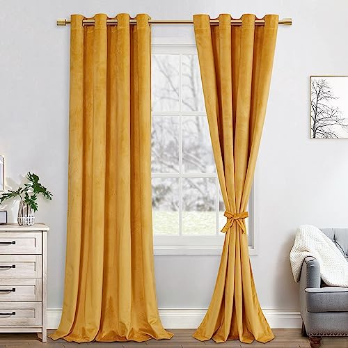 JIUZHEN Verdunklungsvorhang Samt Blickdichte Gardinen Samtvorhang | 2er Set mit Ösen für Schlafzimmer,140x245cm (Breite x Höhe),Warm Glod