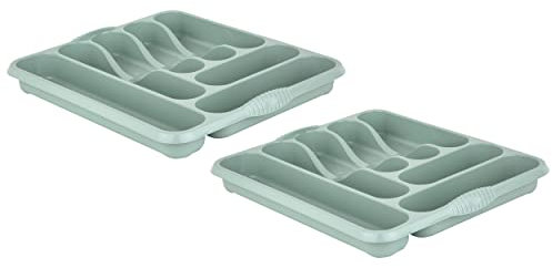 TENLITE [Set of 2] - High Grade Durable Plastic Compartment Cutlery Storage Stand Holder Cutlery Organiser Tray for Kitchen Drawers - Silver Sage (Large Cutlery Tray)