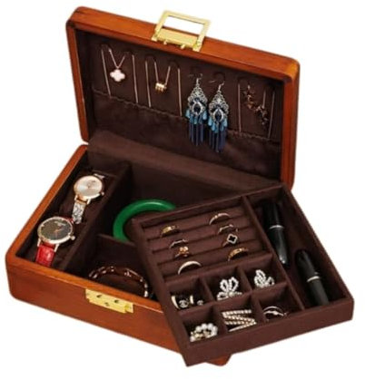 Bescott Schmuckkästchen aus Holz für Frauen, solide mit Samtschloss und Schlüssel, 2-lagig, Vintage-Holz-Schmuck-Organizer, Aufbewahrung für Ohrringe, Ringe, Halsketten, Armband