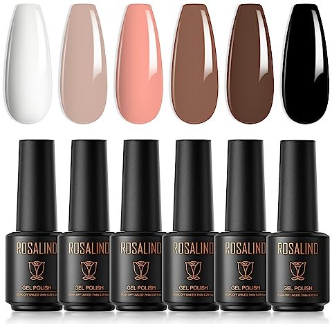ROSALIND UV Nagellack Set, 6 Farben Mini Gel Weiß Nude Braun Schwarz Soak Off Gel Nail Polish für French Manicure Geschenkset für Frauen und Mutter Nail Art