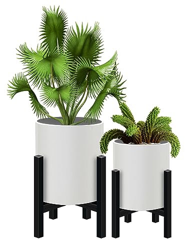 2 Stück Blumentopf mit Ständer – Mitte des Jahrhunderts hoher Übertopf mit Beinen, geeignet für Innen- und Außenbereich, Sukkulenten, bodenstehender Pflanztopf mit Drainagestopfen