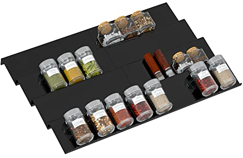 Sezanrpt Acryl Gewürz Schublade Organizer Rack Einstellbar Von 30cm bis 60cm Breit, 4-Tier Gewürz Organizer Regal für Küche Schublade Display, Küche Gewürz Rack Tablett für Schublade