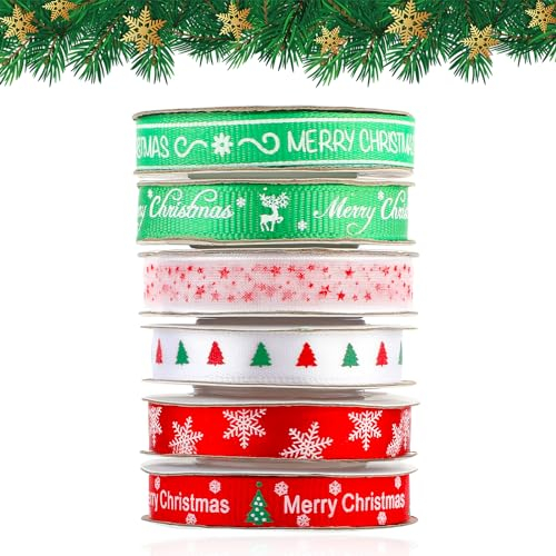 6 Rollen Schleifenband Weihnachten 10mm Geschenkband Weihnachten Weihnachtsbaum Dekoband Zum Weihnachts Dekoration Basteln Satinband Schneeflocke Elch Bänder Für Geschenke Kranz Deko(5.4yd/Rollen)