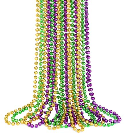 YAXINRUI Mardi Gras Perlenketten, 83 cm, 7 mm, metallische Perlenketten, Party-Perlen, Halsketten, Karnevals-Zubehör für Karneval, Party, Perlen, Partyzubehör, Gold/Grün/Lila, 15 Stück, Kunststoff,