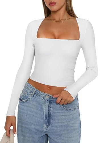 YILEEGOO Women Y2K Long Sleeve Tops Sexy Low Cut Square Neck Basic Tops Blouse Casual Slim Fit Solid Color Crop Top Tight T-Shirt (White, L)