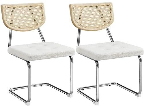 Yaheetech Juego de 2 Sillas de Comedor de Ratán Tejido de Mediados de Siglo Sillas de Cocina Asiento Acolchado Pata de Metal Sillas Laterales sin Brazos para Cocina Salón Blanco