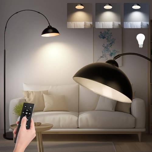 lianheng Lampada da terra ad arco con telecomando, lampada da terra curva in metallo nero per soggiorno con lampada LED dimmerabile all'infinito