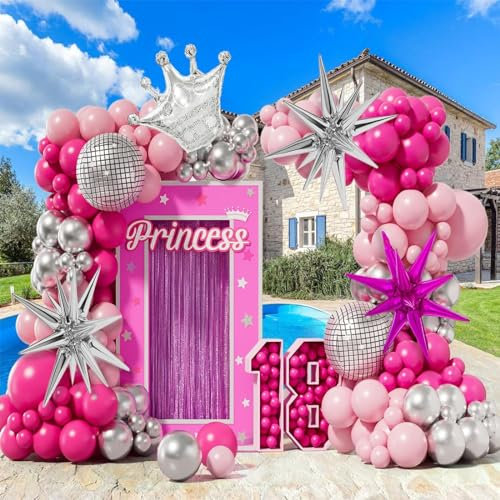 Lot de 145 arches de ballons rose argenté avec ballon disco rose argenté étoile couronne ballons pour fête à thème Barbie Princesse Fête d'anniversaire fille bébé douche anniversaire mariage