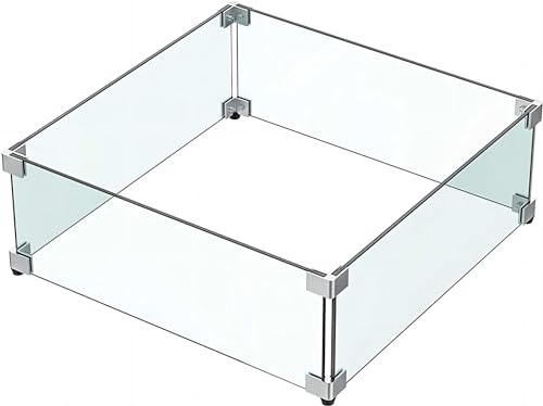 MESIDA 38 x 38 x 15 cm Feuerstelle, Glas-Windschutz, gehärtetes Glas, Feuerstelle, Tischschild, dick und stabil, mit Harter Aluminium-Eckhalterung und Gummifüßen
