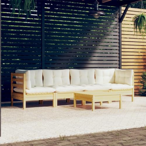 QJBSAVVA 5-TLG. Garten-Lounge-Set, Sitzgarnitur Garten Eckbankgruppe Balkontisch Klein Gartenlounge Geeignet für Außen Wenig Platz Garten Balkon mit Creme Kissen Kiefer Massivholz