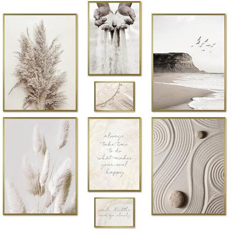 ARTFAVES® Poster Set - BEIGE DREAMS - mehrteilige Wanddeko Wohnzimmer & Schlafzimmer - 8 moderne Wandbilder Pampasgras, Meer, Strand, Achtsamkeit, Yoga - mit Rahmen Gold