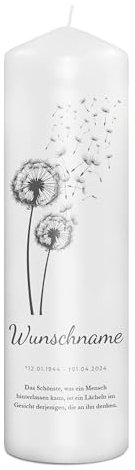 PhotoFancy® - Personalisierte Trauerkerze - Fotokerze mit eigenem Foto/Text bedrucken lassen - Kerze mit Design: Pusteblume - 29 cm Höhe
