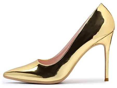 Zhabtuc Talons Hauts 10 cm, Chaussures à Enfiler à Bout Pointu pour Femmes, Escarpins à Talons Aiguilles, Escarpins de Mariage, Chaussures de Base, Or, 42 EU