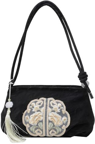 BABYVIVA Damen Cloud Bag PU Leder Umhängetasche Mode Crossbody Tasche Chinesischer Stil Stickerei Messenger Bag zum Einkaufen, Schwarz , As shown in the picture (error 1-3cm)