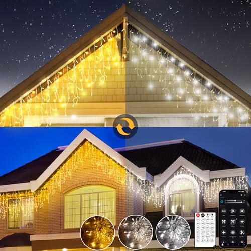 Luci di Natale da Esterno Cascata, Luci Natale Esterno Bianco Caldo e Freddo, Tenda Luminosa con Telecomando e APP, 17 Modalità + 4 luminosità + Timer + Velocità, Luci Led Natale (30M-1200L,C/F)