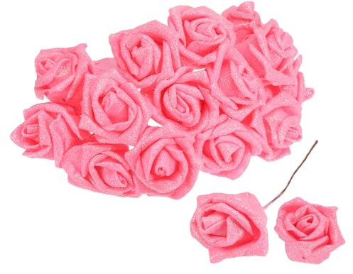 Sourcing Map 50pcs Glitters Artificial Flower, Fake Roses with Stems Foam Real Touch Faux Roses for Wedding Party Office Shower Home Decoration, Pink