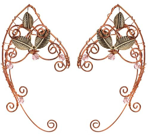 Lamppdcor Ohrmanschetten 2pcs Elf Ohrmanschetten mit Perlen & Blättern kurviger Elf Ohr-Ohrschmuck Wrap-Around & Non-Piercing-Clip an Ohrringen für Frauen Kostüm Party Cosplay Accessoires