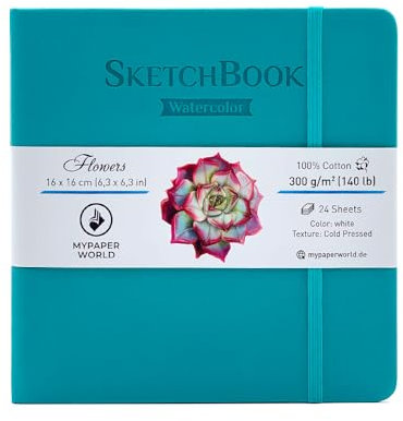 Mypaperworld quadratisch Aquarell Skizzenbuch 300 g/m² 100% Baumwolle, Aquarellpapier, 16x16cm säurefrei, 24 Blatt, 48 Seiten Kalt Gepresst- - Türkis