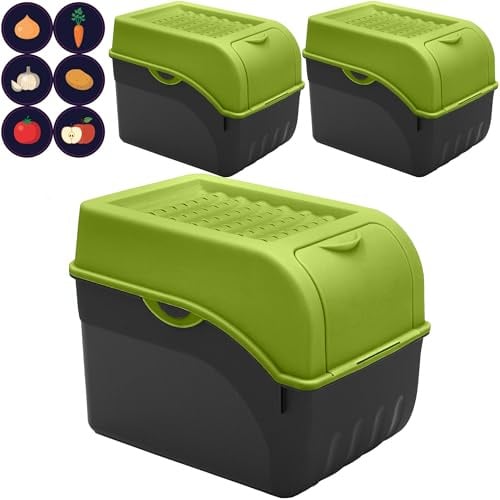 ARTECSIS® 3x Kartoffel Aufbewahrungsbox mit Deckel für 6 kg Kartoffeln (grün) - Vorratsbehälter & Vorratsdosen Gemüse & Lebensmittel - Kartoffelbox, Zwiebelbox, Gemüsebox (inkl. 6 Aufkleber)