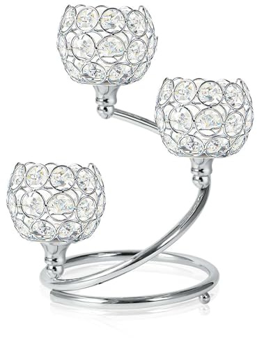 KEHAIL Sliver Metal Crystal Candle Holder - Modern 3-Arm Tea Light Centerpiece with Sparkling Crystal Bowl, Elegant Table Decor for Weddings, Anniversaries, Dining & Parties