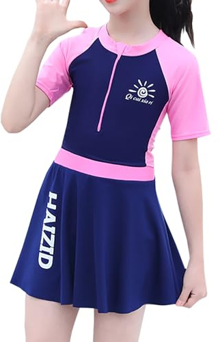 NautySaurs Girls One-Piece Swimsuit with Detachable Skirt, Kids Raglan Sleeve Two-Tone Swimming Costume, Short Sleeve Swimwear for Big Girls (Navy Blue, 7-8 Years)