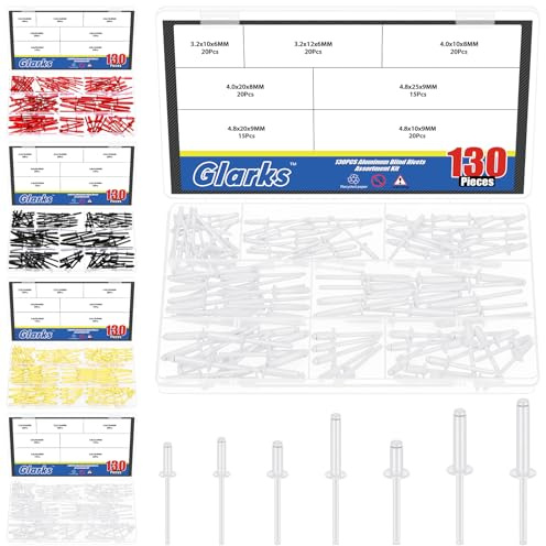 Glarks 130pcs 7 tailles Rivets aveugles en aluminium blanc, Rivet Pop Mandrin en acier à poignée en aluminium, Kit d'assortiment de rivets Pop, Grands rivets à bride pour le métal, Meubles, Automobile