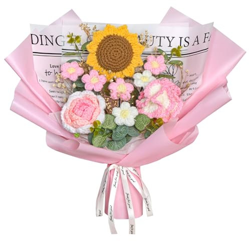 MEIVINES Bouquet di Fiori all'Uncinetto Completato Fiori Uncinetto Girasoli Rose Margherita Lavoro a Maglia Uncinetto Bouquet Per Gli Amici Famiglia Ufficio Vaso Decorativo