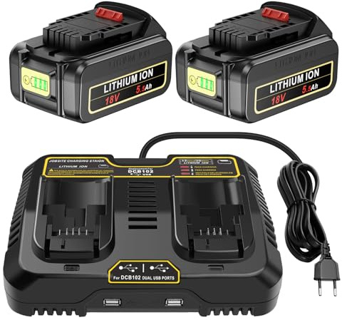 LabTEC Batteria per Dewalt DCB204 2 Pack con caricatore da 10,8 V-14,4 V-20 V con due porte per DCB102, batteria agli ioni di litio compatibile con DCB120, DCB121, DCB206, DCB205, DCB181 e DCB181-XJ