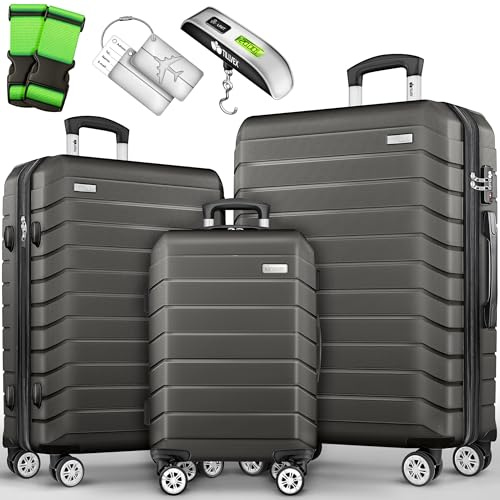 tillvex® Set de 3 Valises de Voyage + Balance, 6 Sangles à Bagages et 3 étiquettes à Bagages | Lot de valises avec roulettes et TSA Lock | Sacs de Voyage à Coque Rigide M-L-XL (Gris/Anthracite)
