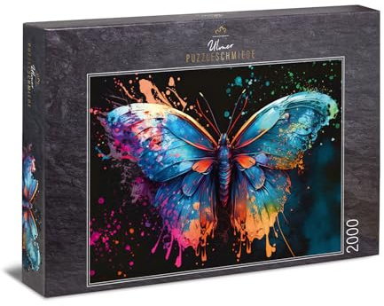 Ulmer Puzzleschmiede - Puzzle 2000 Teile „Magic Butterfly“ - Farbenfroher Schmetterling mit knalliger Farb-Explosion auf schwarzem Hintergrund - Puzzle-Kollektion Farben & Fantasy