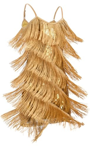 FYMNSI Latin Dance Dress for Girls Salsa Tango Jazz Ballroom Dancing Outfit Kids V-Neck Sparkly Sequin Tassel Fringed 1920s Flapper Dresses Stage Performance Competition Dancewear Gold 5-6 Years